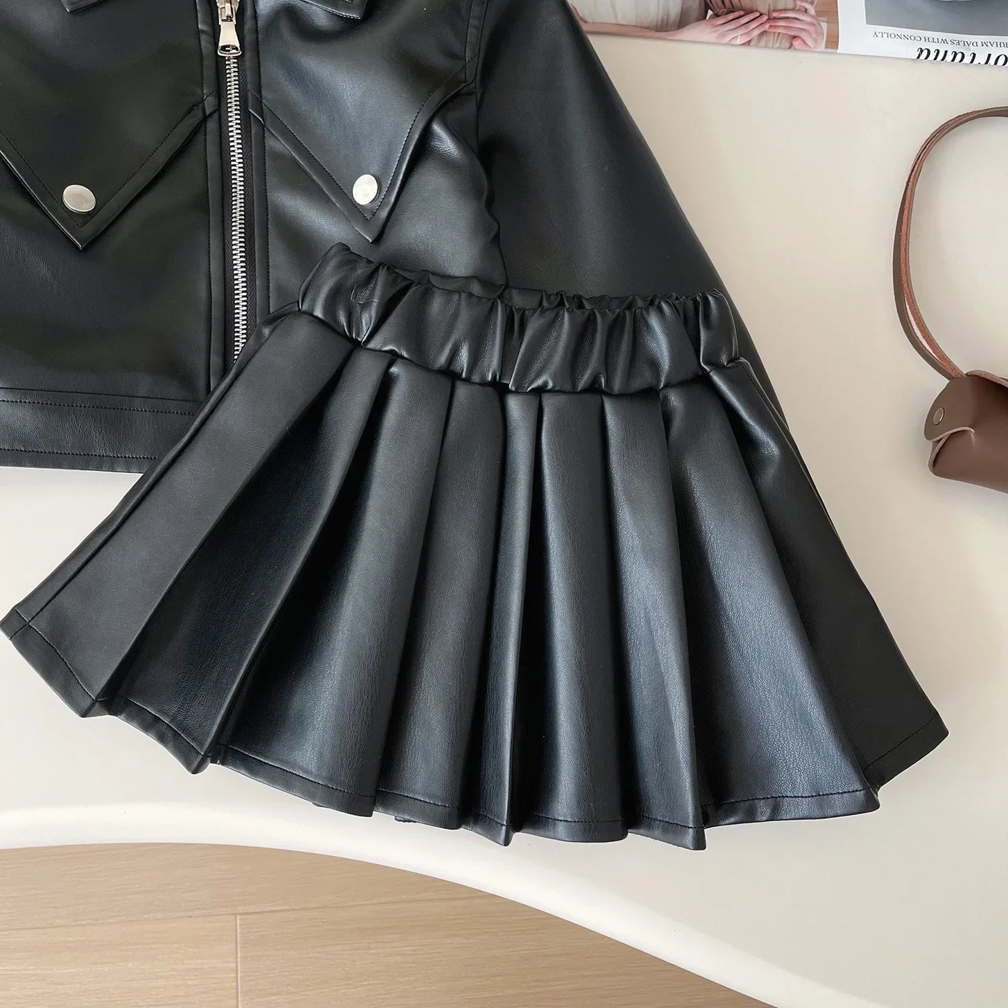 Two-piece Set for Girls Handsome Lapel Solid Leather Top + Solid Leather Pleated Skirt  Kids Clothes Girls  Toddler Girl Clothes