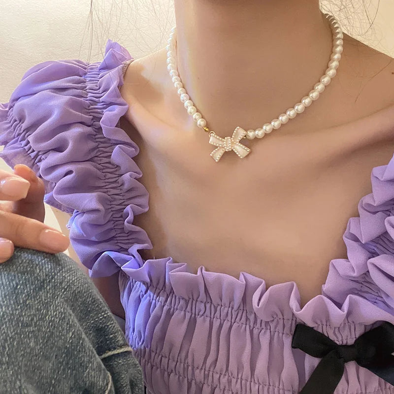 Trend Wedding Party Jewelry Pearl Bow Pendant Choker Necklace For Women Elegant White Imitation Pearl Chain Necklaces X0201