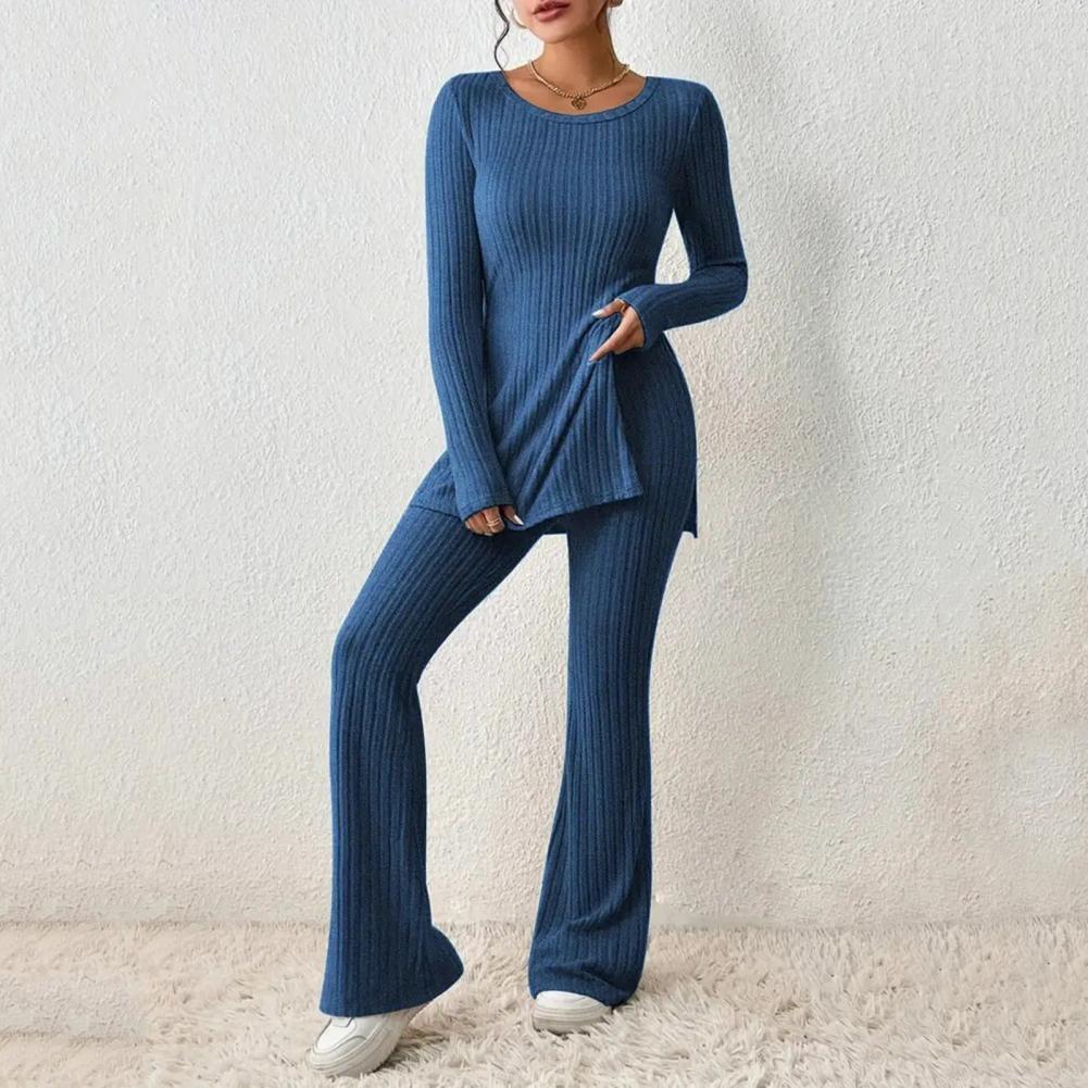 2023 Fall Winter Knitted 2 Piece Suits Women Long Sleeve Ribbed Slit Long Top and High Waist Pencil Pants Set Fashion Outfit