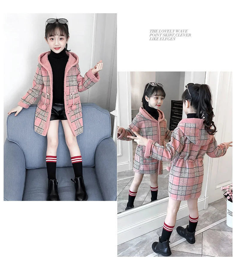 2024 Fashion Design Autumn Winter parka Girl Hairy clothes Long Woolen Coat for Kids Outerwear Grid pattern Padded Warm clothing