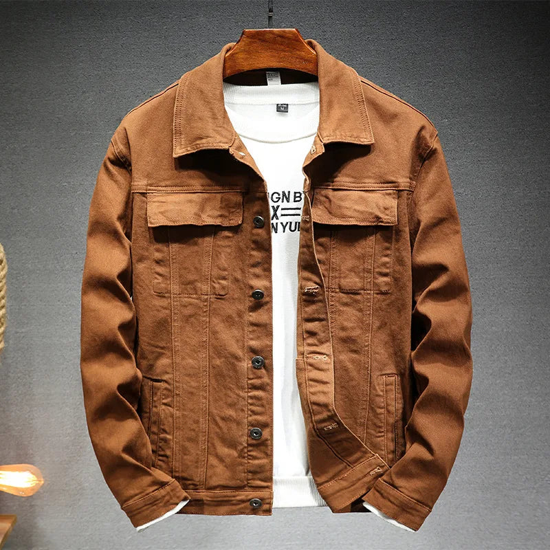 Men's brown denim jacket 2023 Spring and Autumn New Fashion High Quality Stretch Slim Fit Jacket Denim Men Brand Clothing