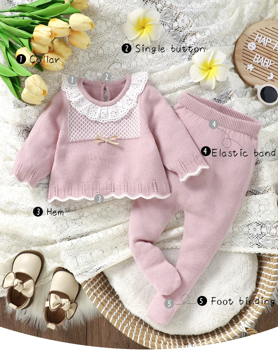 2pcs New Born Infant Clothes Spring Autumn Winter Toddler Kids Girls Crew Neck Long Sleeve Sweaters Tops+Pants Outfits 0-9M Wear