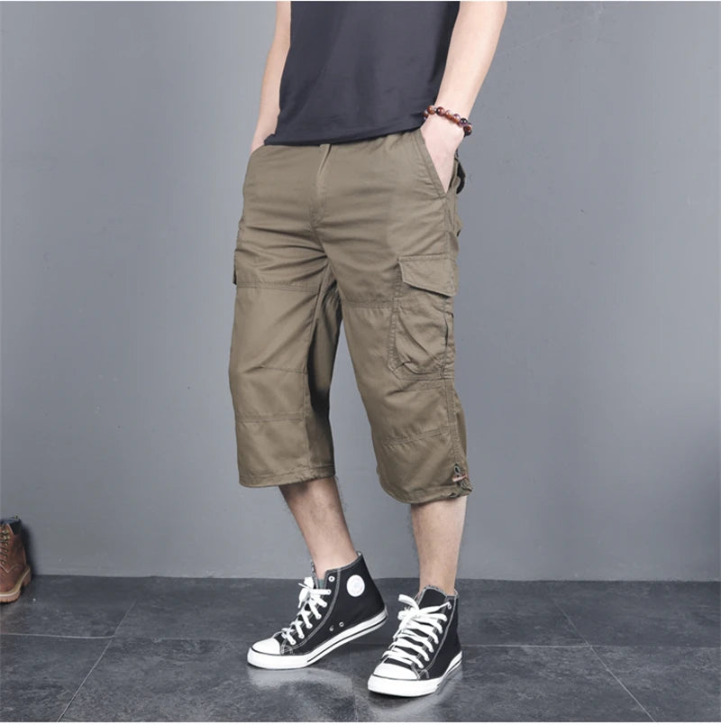 Long Length Cargo Shorts Men Summer Multi-Pocket Casual Cotton Elastic Capri Pants Men Military Tactical Short Hot Breeches 5XL