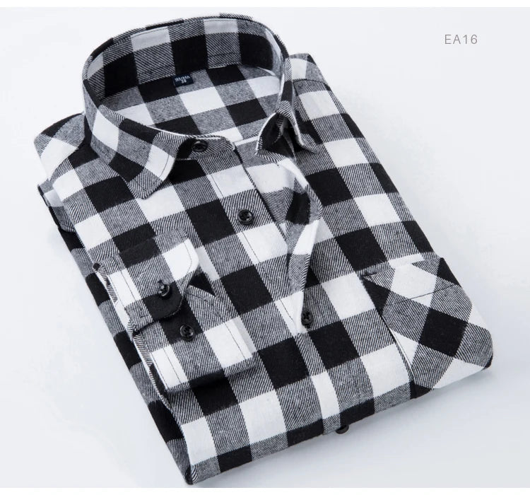 Men's Slim-fit Casual Brushed Flannel Contrast Plaid Shirt Single Patch Chest Pocket Comfortable Soft Long Sleeve Gingham Shirts