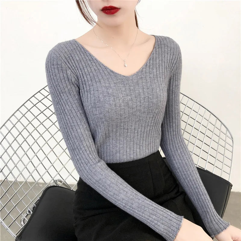 Autumn Winter Knitted V Neck Women Sweaters Casual Long Sleeve Pullover Soft Warm Sweater Femme Fashion Basic Solid Jersey Tops