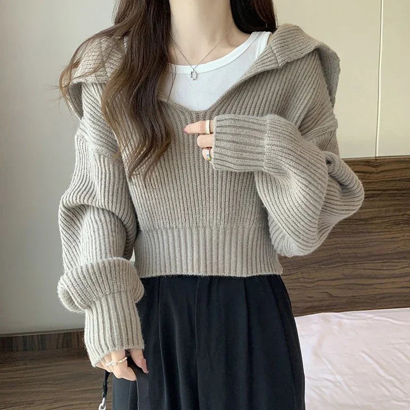 Long Sleeve Cropped Sweater Women Autumn Winter Turn Down Collar Knitted Jumper Woman Korean Style Solid Color Jerseys