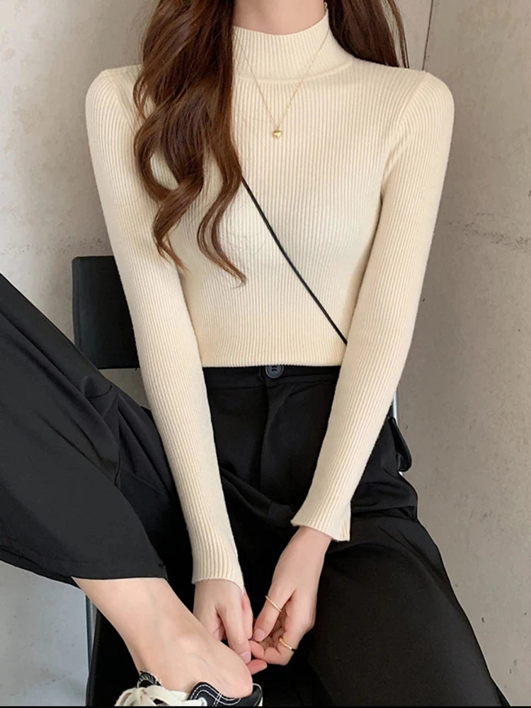 Mock Neck Women Sweater Vintage Basic Solid Knitted Tops Casual Slim Pullover Autumn Winter Korean Tops Simple Chic Jumpers