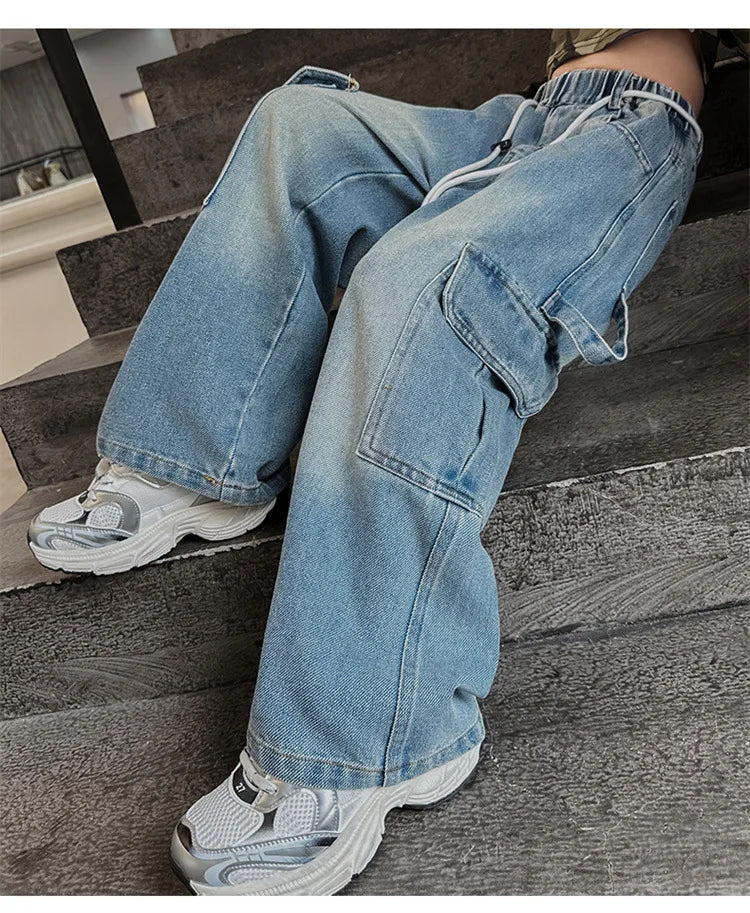 Cargo Jeans for Girls Spring Autumn Loose Casual Elastic Waist Teenage Children Wide Leg Pants Design Streetwear Kids Trousers