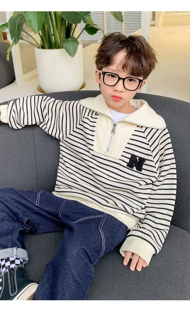 Spring Autumn School Kids Cotton Striped Half Zip Lapel Sweatshirt Boys Pullover Jumper Children Outfits Tracksuit Tops 3-14 Yrs