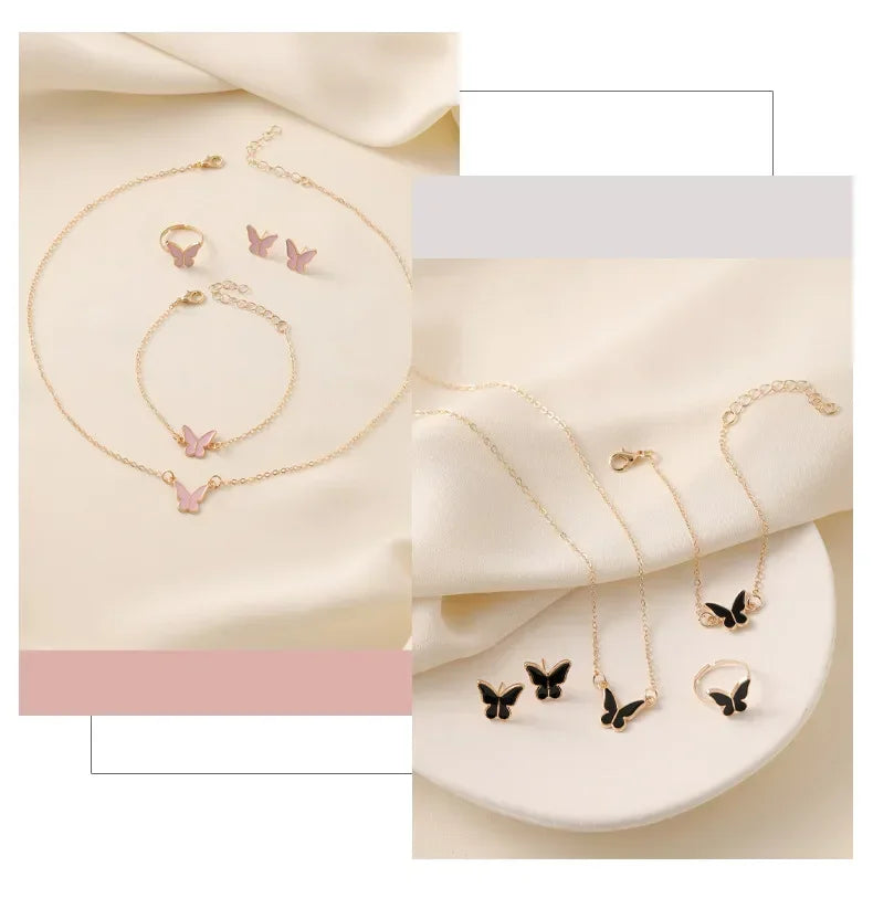 New Personalized Butterfly Glazed Bracelet Ring Necklace Earring, Exquisite Small and Fashionableand High Sense Collar Chain Set