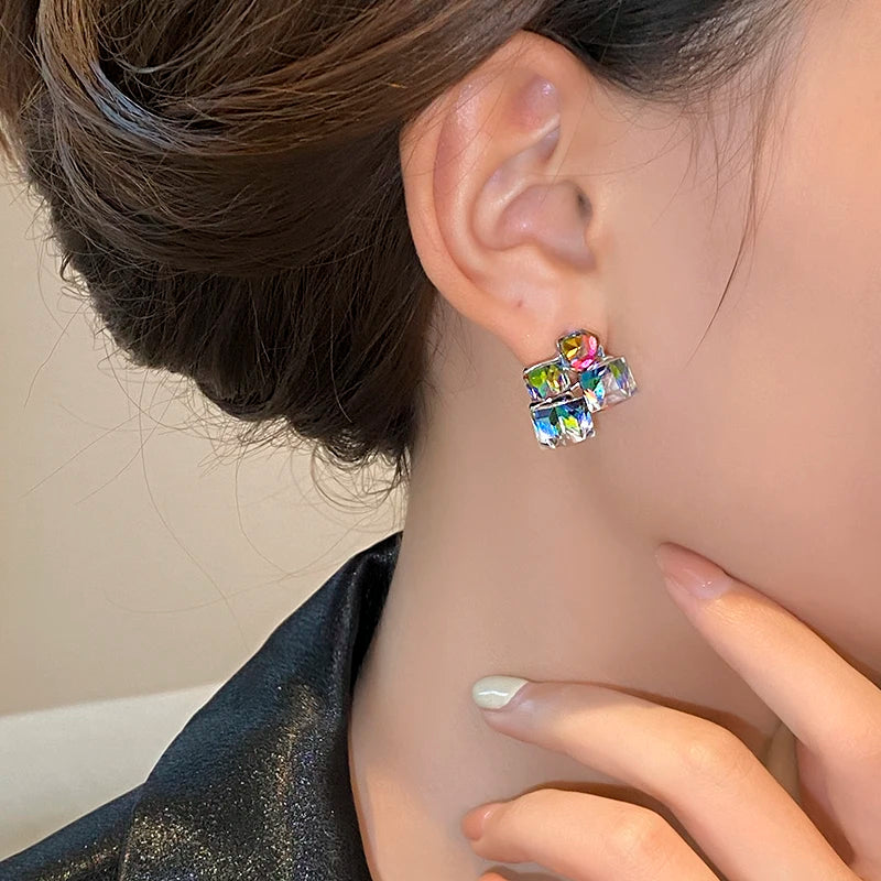 Design Fantastic Colorful Crystal Geometric Square Earrings with Different Angles and Colors Unusual Jewelry for Women or Girls