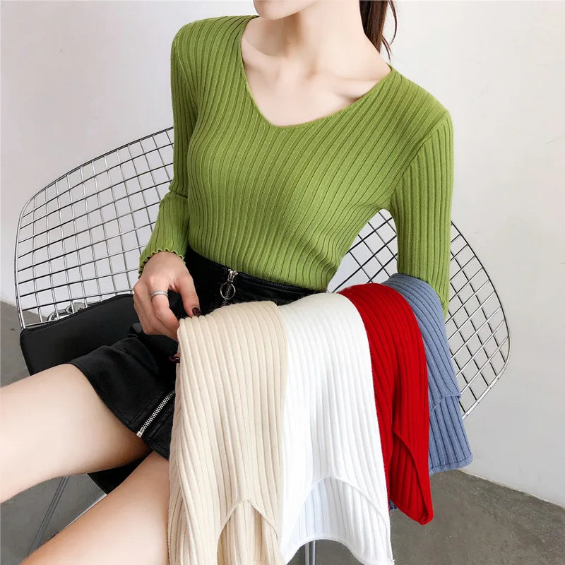 Autumn Winter Knitted V Neck Women Sweaters Casual Long Sleeve Pullover Soft Warm Sweater Femme Fashion Basic Solid Jersey Tops