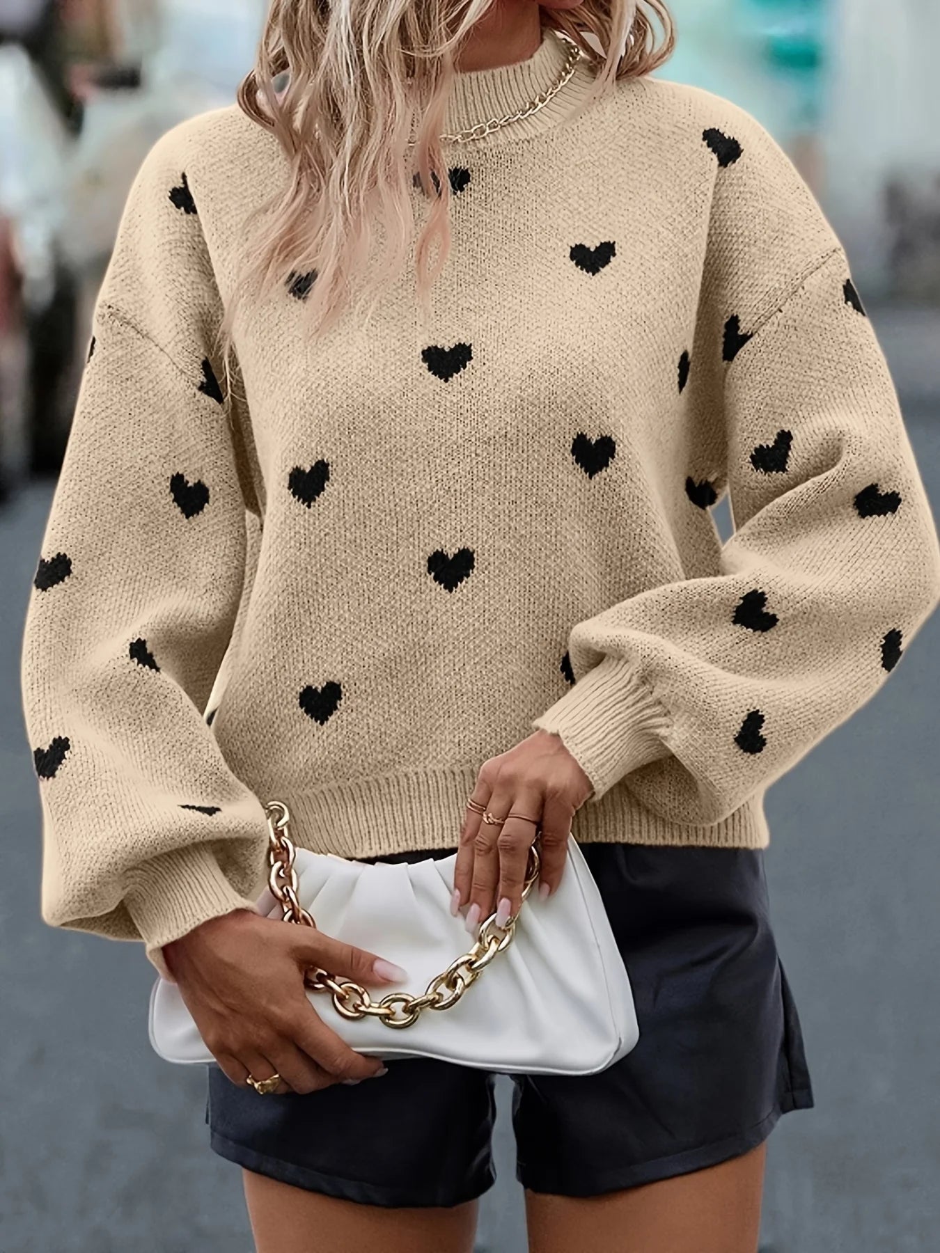 Cute Black Heart Graphic Sweater, Drop Shoulder Long Sleeve Casual Sweater For Fall & Winter, Women's Clothing