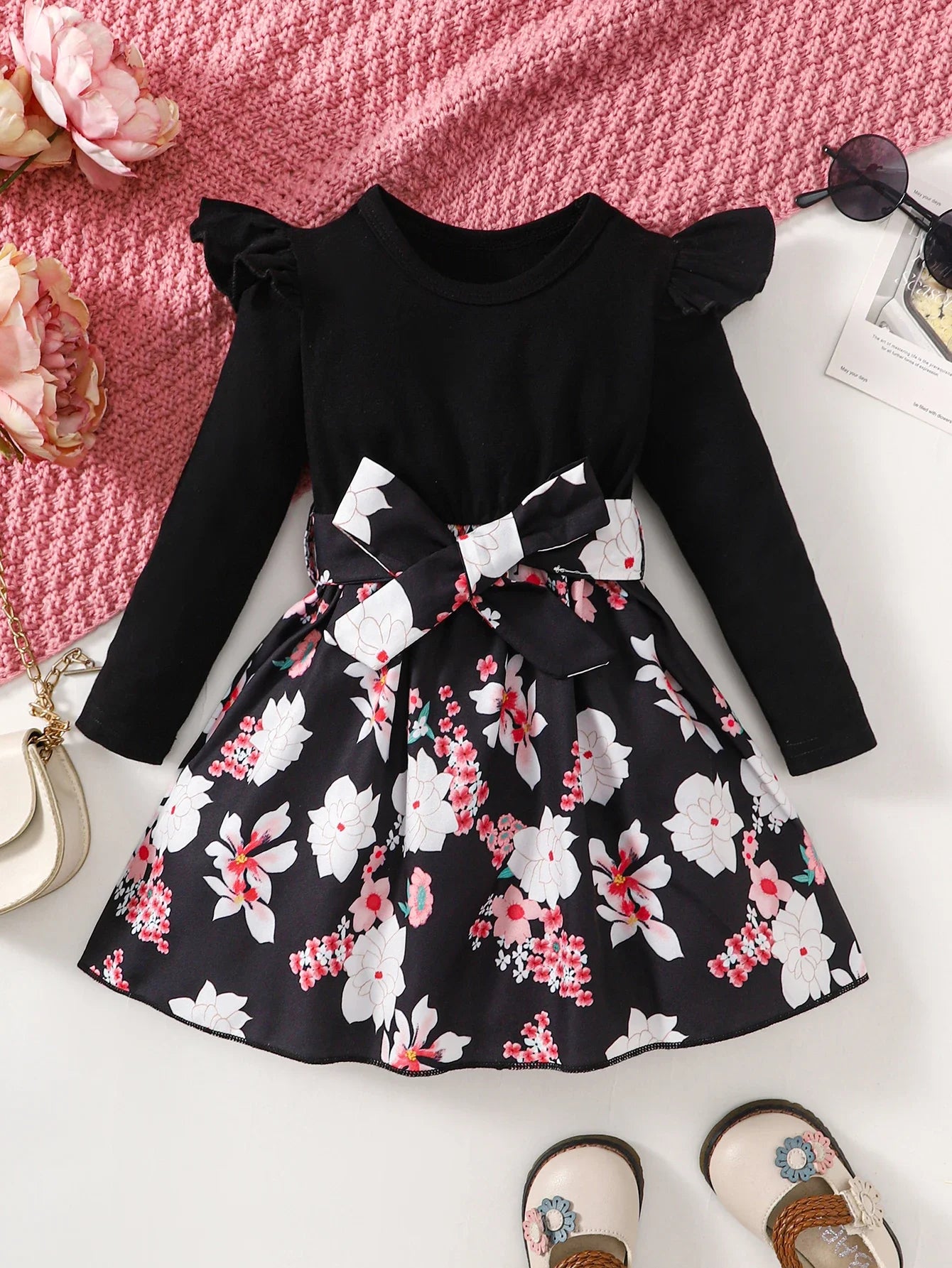 1-8 Years Kids Girls Costume Flower Print Long Sleeve Dress/Clothing Set Spring&Autumn Daily Casual Sisters Outfit for Children