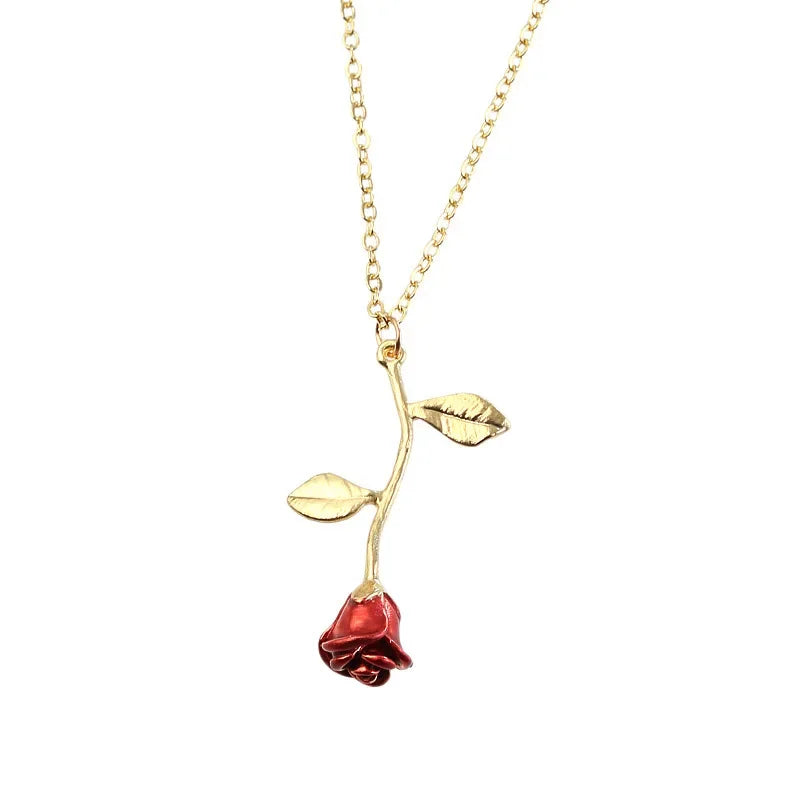 European and American Fashion Personality Temperament Red Rose Pendant Necklace Women's Simple and Creative Oil Drop Necklace