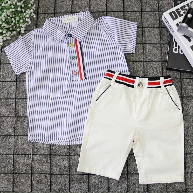 Summer Children Baby Clothes Short Sleeve Striped Shirt Pants Gentlemen Elegant Suit Kids Tracksuit For Toddler Boys Casual Sets