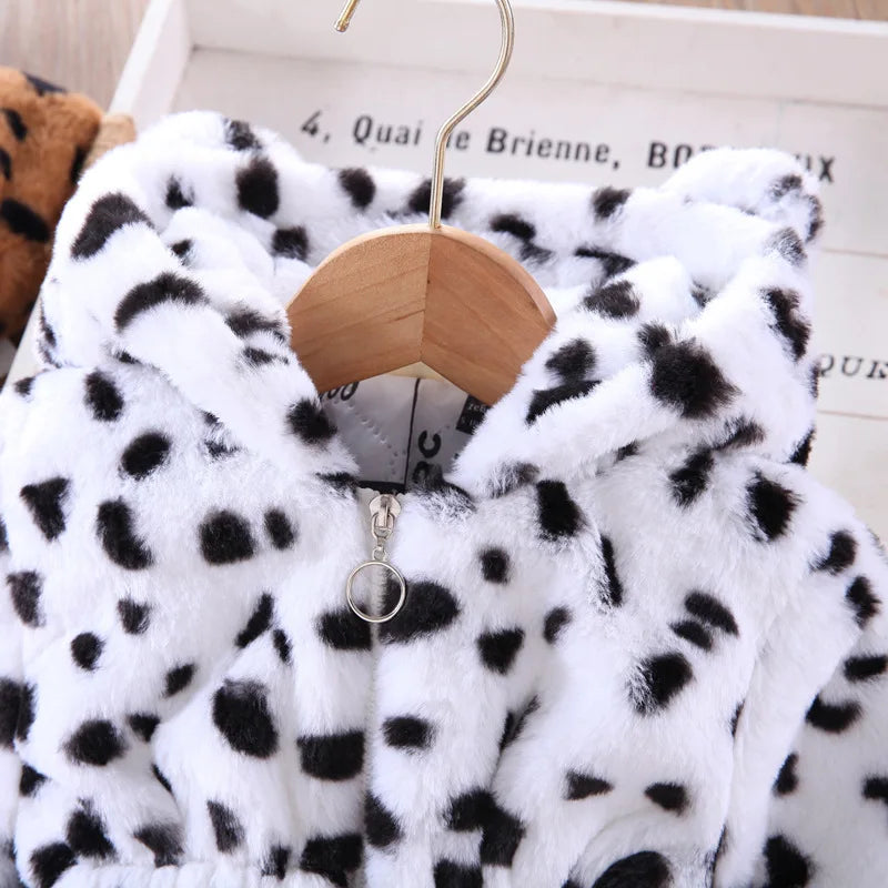 Autumn Winter Plush Baby Girls Jacket Fashion Leopard Print Warm Faux Fur Coat For Girls Hooded Outerwear 2-8 Years Kids Clothes