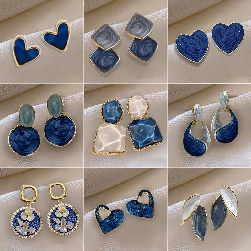 Cute Korean Earrings Heart Bling Zircon Stone Blue Color Stud Earring for Women Fashion Designer Jewelry 2024 Aretes De Mujer