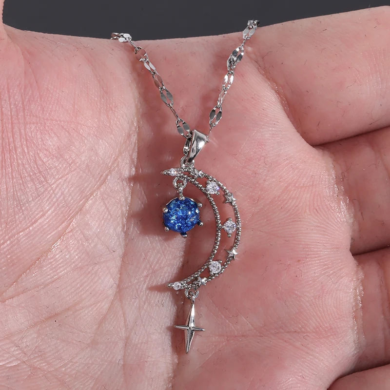 The Fashionable Hollow Moon Blue Planet Star Pendant Necklace Gives Women A Sense of Luxury and Niche Design.