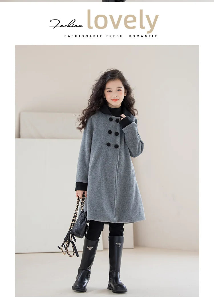 Winter Girls Wool Coat Long Double-faced Tweed Overcoat for Kids Fashion Casual Grey 10 12 14 Years Teenage Children Outerwear