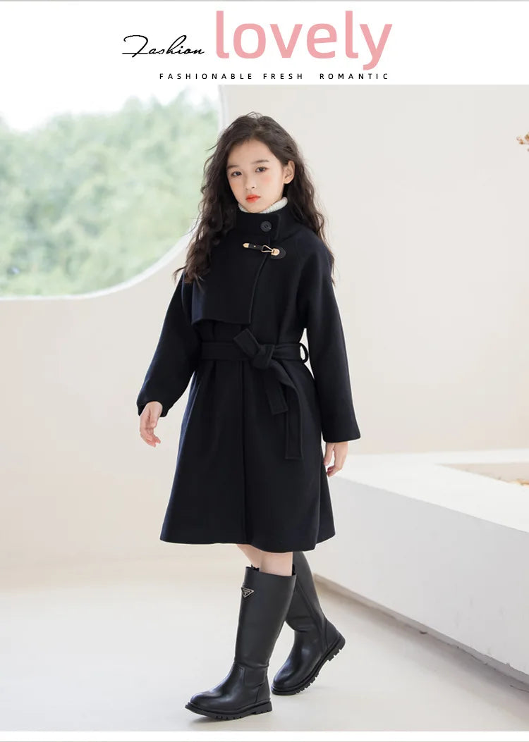 Winter Girls Wool Coat Long Double-faced Tweed Overcoat for Kids Fashion Casual Grey 10 12 14 Years Teenage Children Outerwear