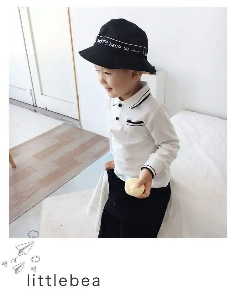 Boys Clothing Lapel Cotton Long Sleeve Spring New Korean Version Versatile Spliced Pocket Solid Color Kids Fashion Polo Shirt