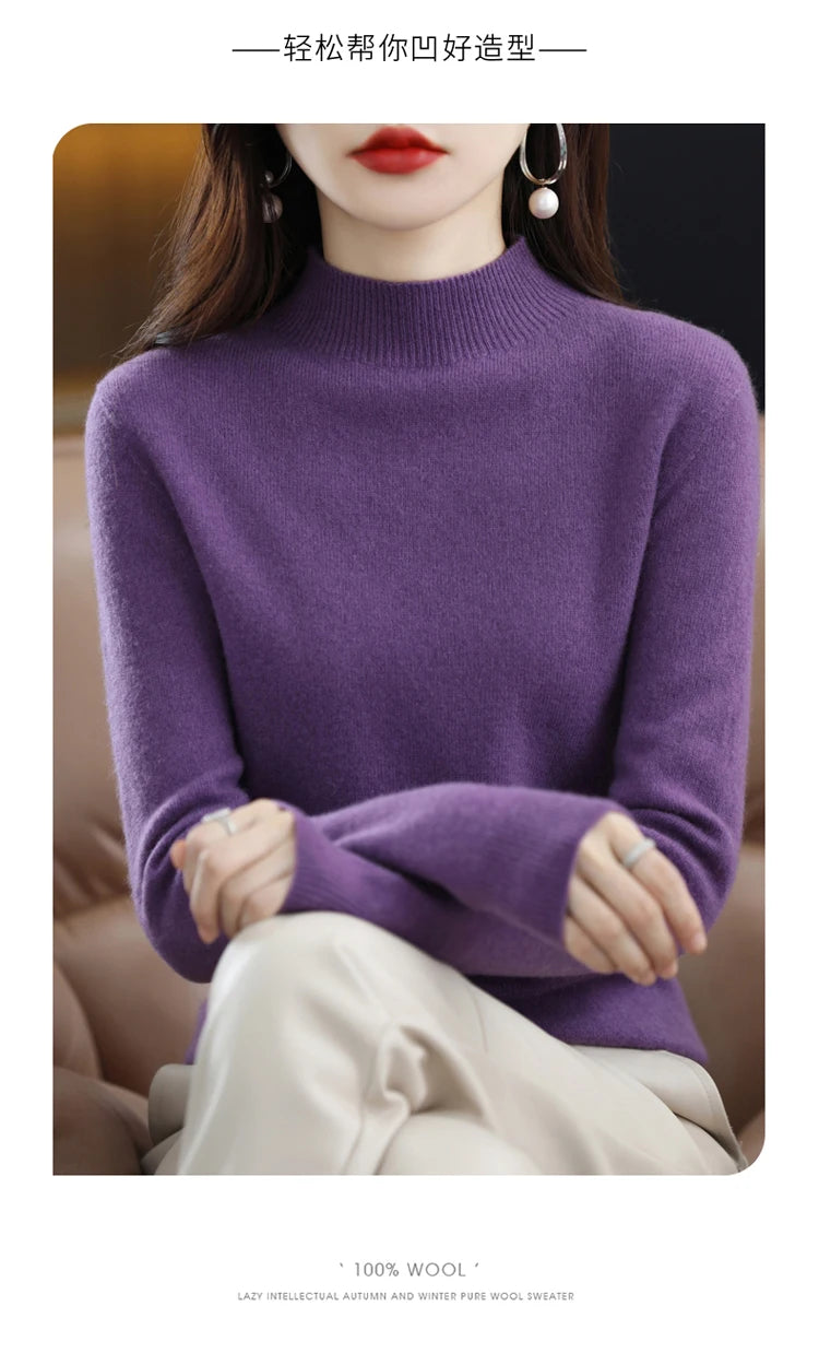 100% merino wool cashmere sweater women's sweater semi-high-necked long-sleeved pullover warm pullover in autumn and winter