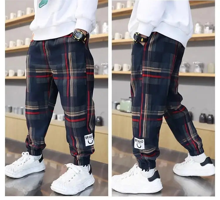 2024 Fashion Boys Cotton Plaid Pants Spring Autumn Toddler Casual Kids Loose Trousers Sweatpants for Teenage Children Clothes