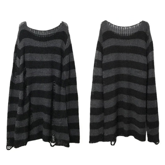 Autumn Punk Gothic Top Long  Unisex Sweater Women Striped Cool Hollow Out Hole Broken Jumper Loose Rock Thin Dark Streetwear