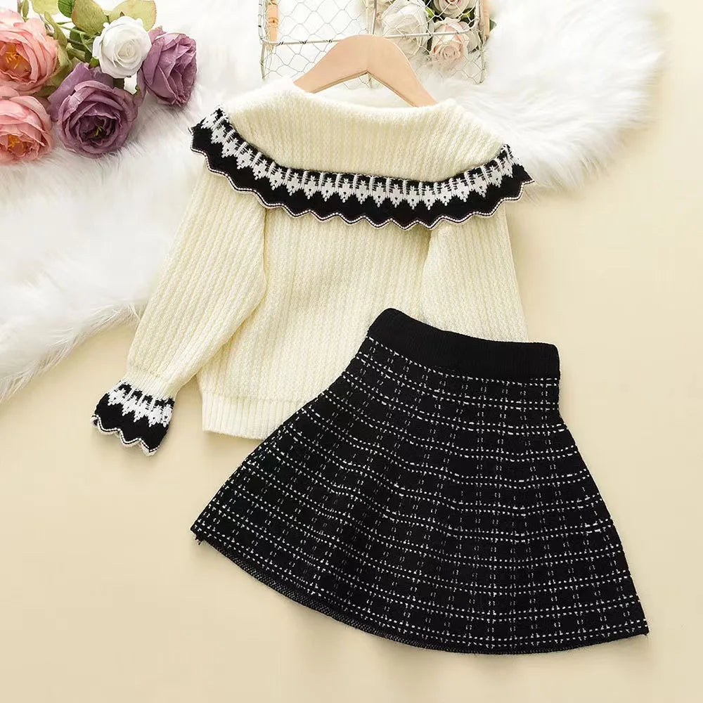 Toddler Girls 2pcs Set Botton Front Collar Knitwear + Skirt Kids Clothes Gift Winter Wear Cardigan and Skirt