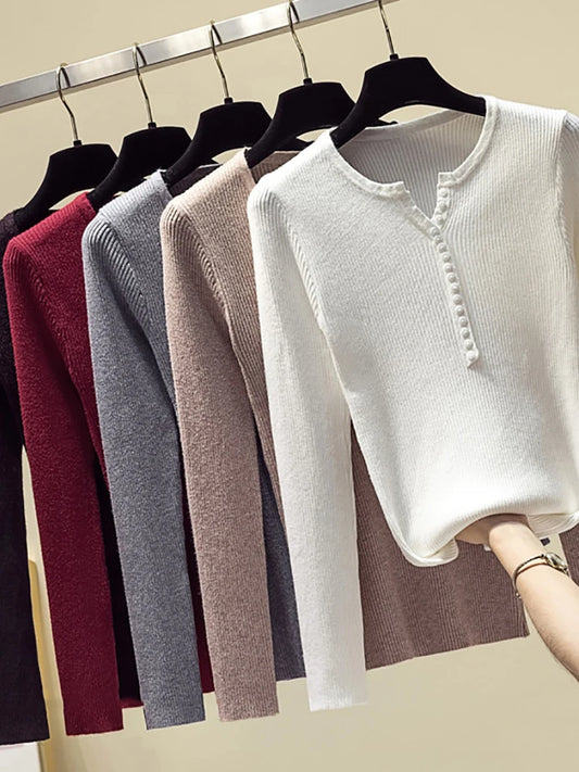 Autumn Winter Button V Neck Sweater Women Basic Solid Slim Pullover Women Sweaters Knitted Casual Jumper Ladies Tops