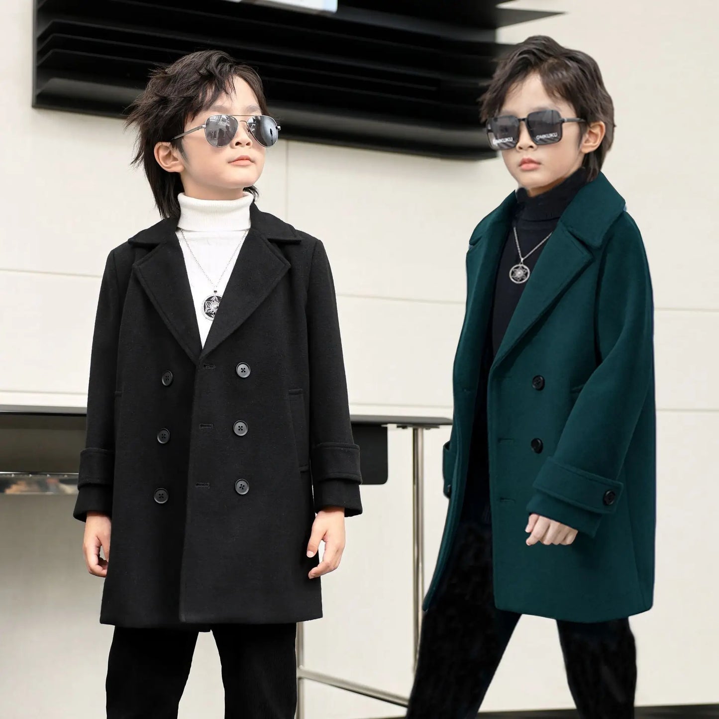 Kids Winter Green Khaki Wool Coat Boys Girl Windproof Outdoor Long Jacket Children Fromal Birthday Party Photography Woolen Coat