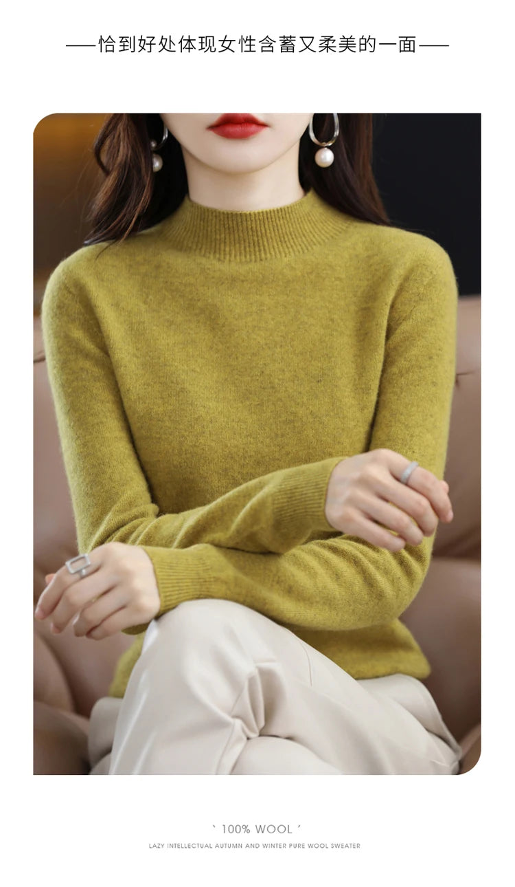 100% merino wool cashmere sweater women's sweater semi-high-necked long-sleeved pullover warm pullover in autumn and winter