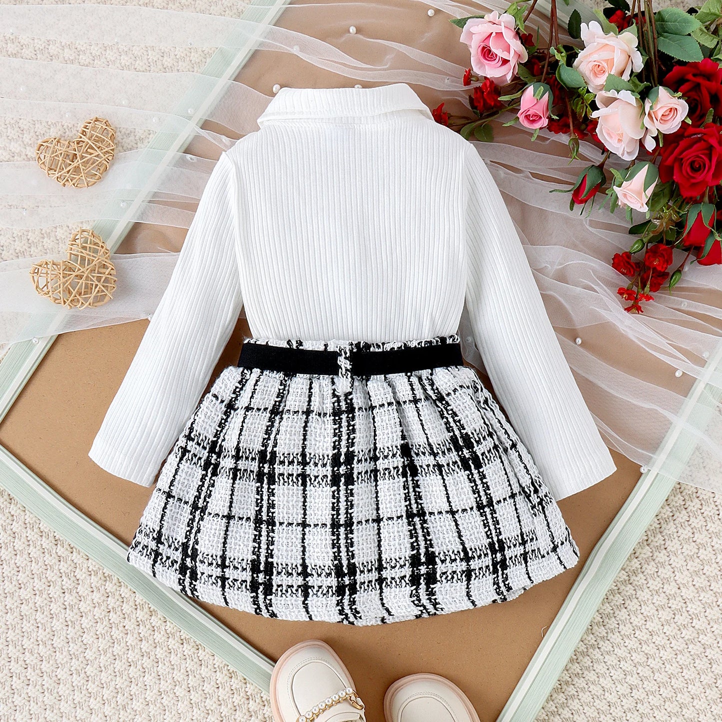 3PCS Autumn New Style 1-5 Year Old Middle And Middle School Girls Fashion College Style Solid Color Pit Top + Plaid Skirt Set