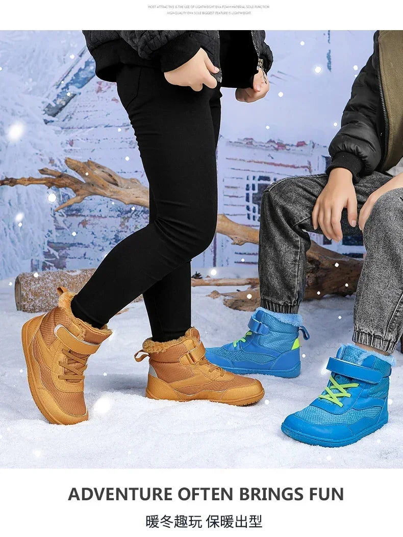 Kids Barefoot Boots Wide Width Waterproof Winter Fur Lined Shoes for Boys Girls Cold Weather Children Outdoor Fashion Sneakers