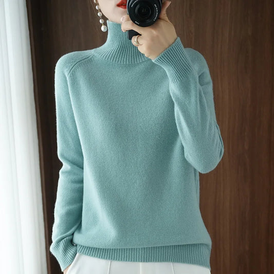 Turtleneck Merino Wool Pullover Basic Casual Cashmere Sweater Comfort Autumn Winter Women's Raglan Sleeve Clothing Tops