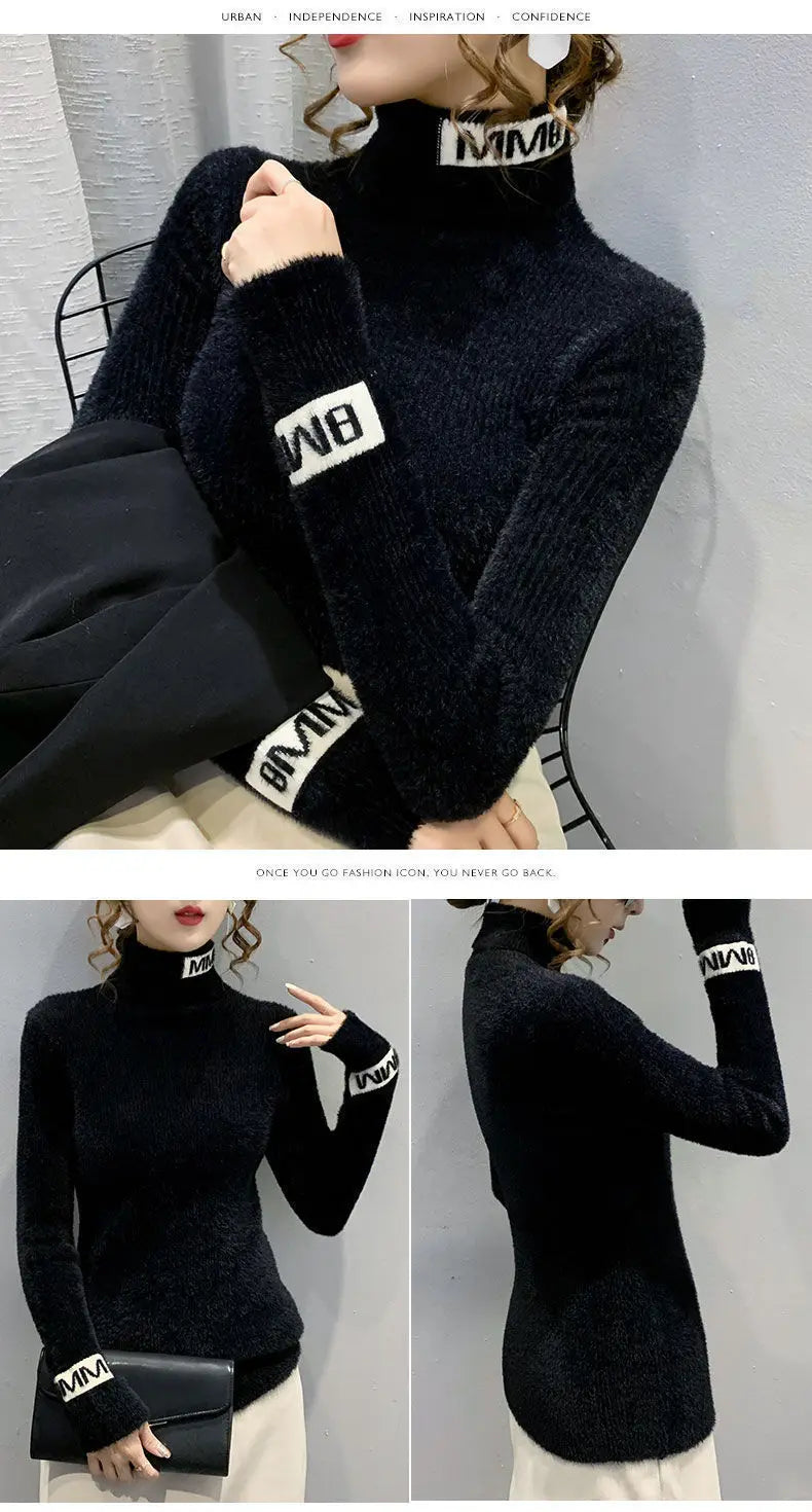 Autumn Winter New Letter Printing Sweaters Long Sleeve High Neck Solid Color Slim Youth Pullovers Elegant Fashion Women Clothing