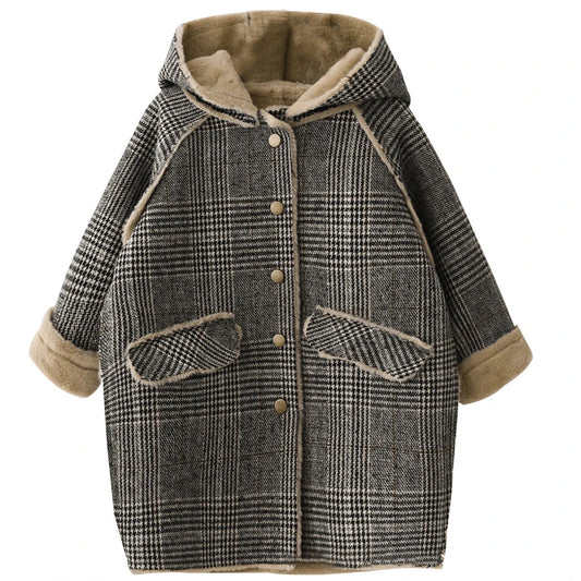 4-15 Year Children Outwear Winter for Girl Plaid Thicken Woolen Jacket Coat Teenage Kids Outfits Wool Long Outerwear Warm Fleece