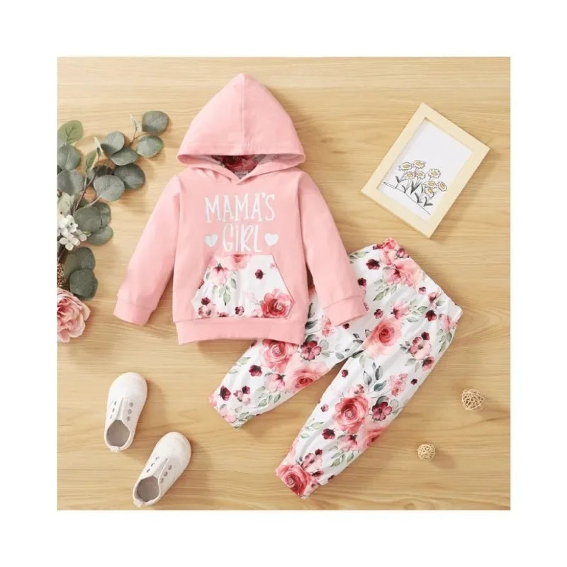 2PCS Kids Girl Clothes Set Letter&Floral Print Long Sleeve Hooded Top+Pants Fashion Lovely Outfit for Children Girl 1-4 Years