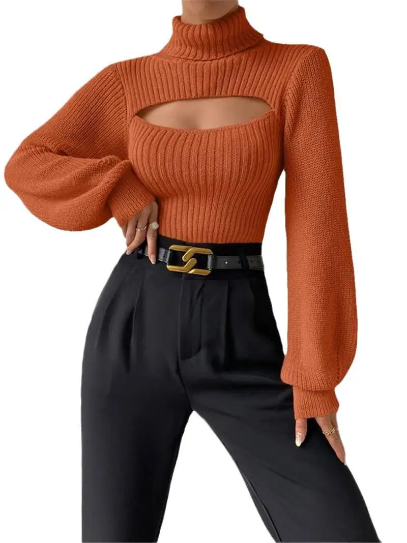 Chest Hollowed-out Sexy Sweater Design Sexy Loose Matching Sweater Fall Winter Turtleneck Hollowed-out Sweater Women Wear Top