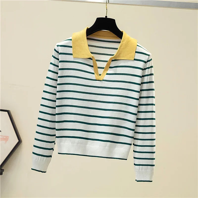 Women's Striped V-neck Pullover Polo Sweater Early Autumn All-match Tops Long-sleeved Knitted Bottoming Sweaters Jumpers New