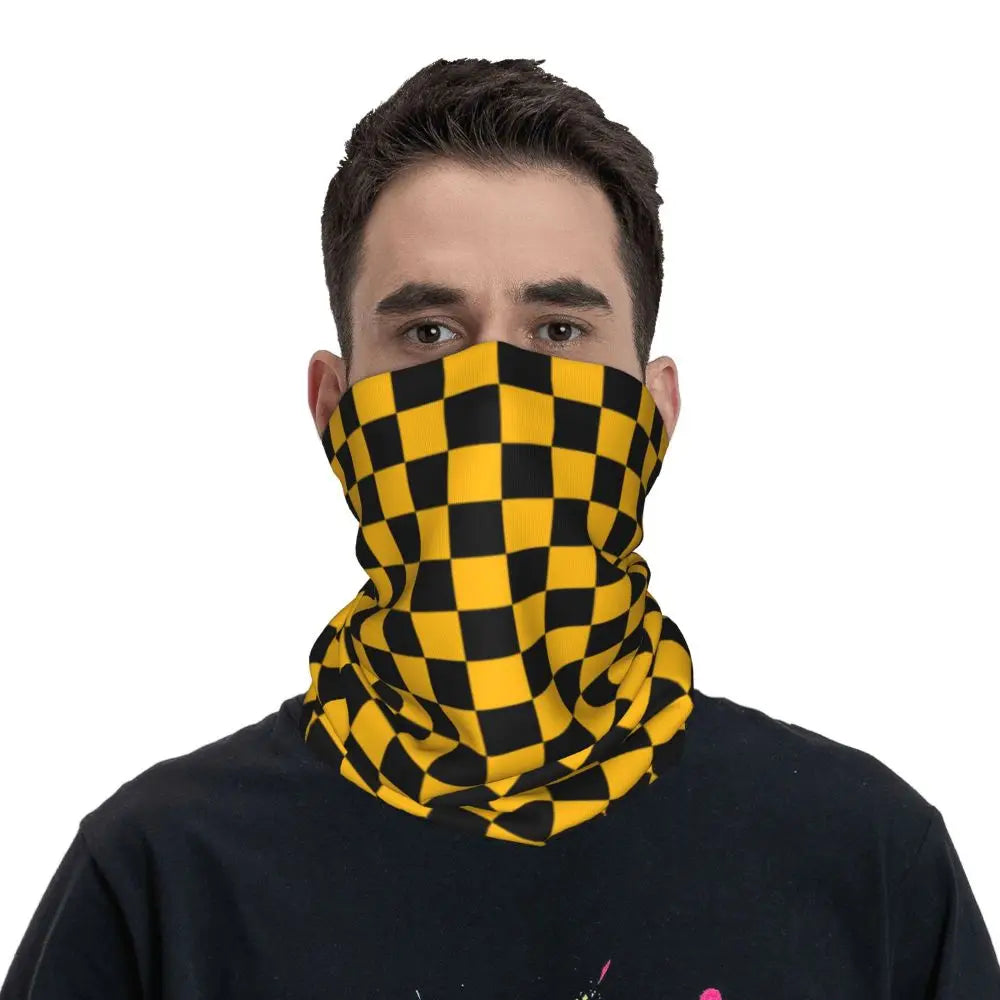 Colorful Geometric Checkered Black And Yellow Bandana Neck Gaiter Printed Racing Moto Motorcycle Wrap Scarf Headwear Running