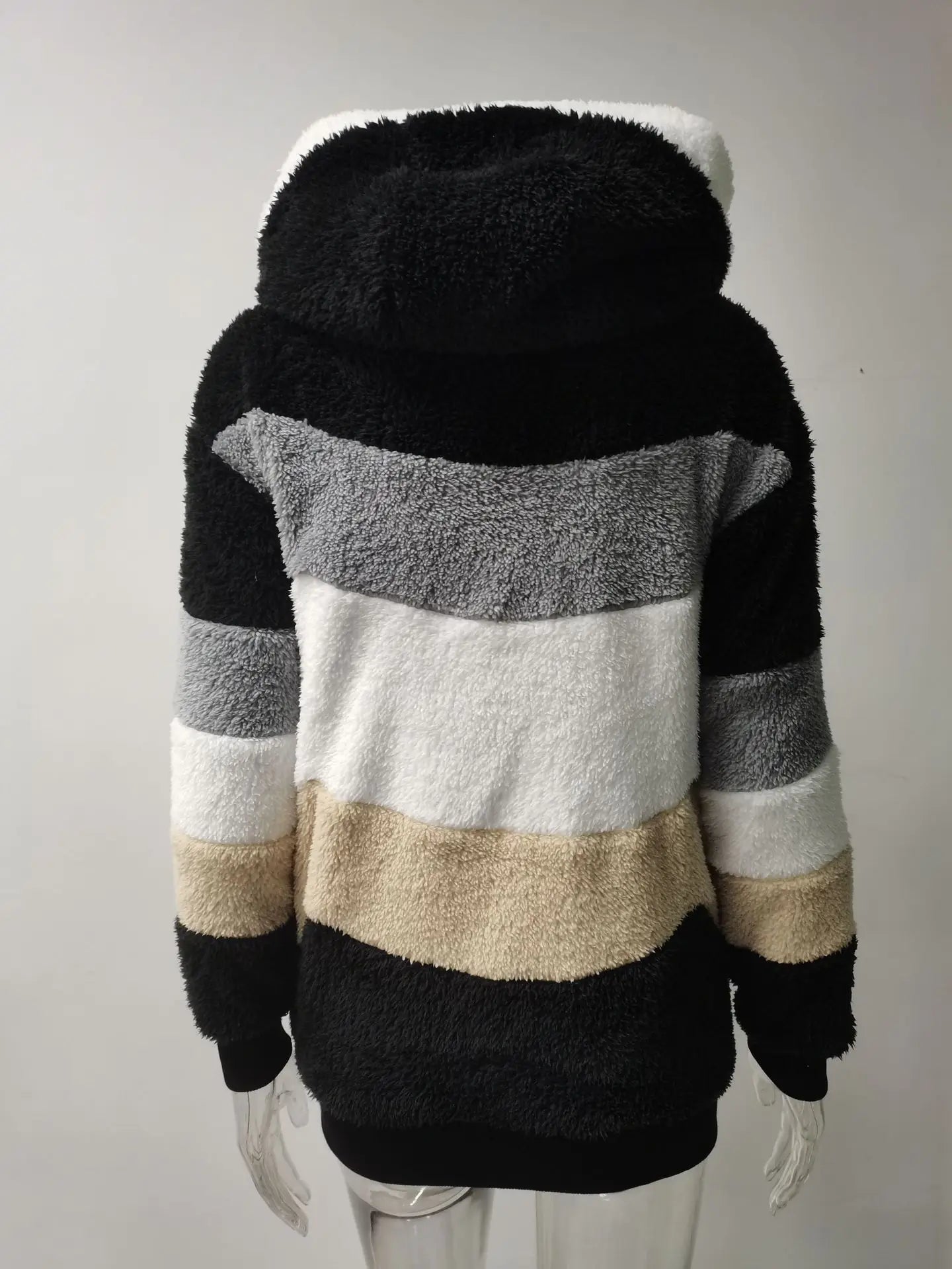 Women Striped Patchwork Fleece Hoodie Coat Autumn Winter Long Lantern Sleeve Loose Cardigan Hoodie Sweatshirt Coats