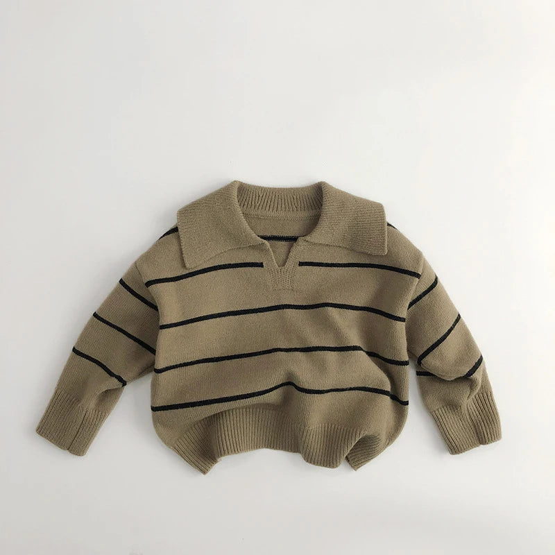 Children's Striped Korean Sweater Spring Autumn V-Neck Pullovers Boys Cotton Turtleneck Sweater Winter Baby Girls Top Clothes