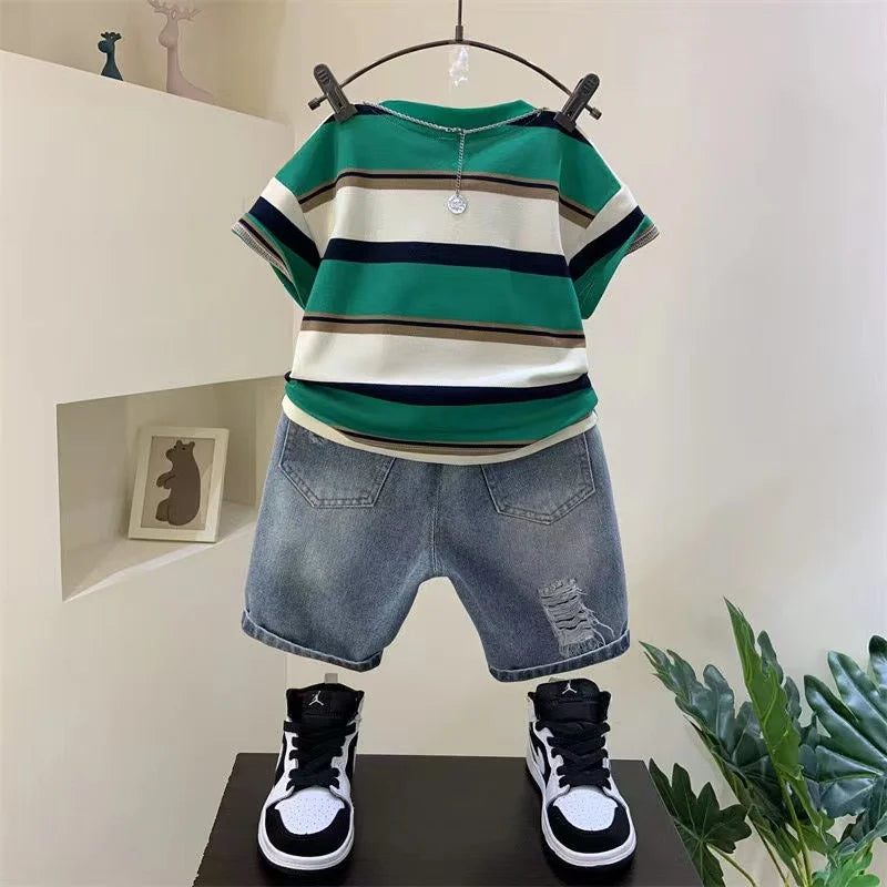 Boys Summer 2023 New Boutique Design Outfits Cotton Set Baby Boys Short Sleeve Shirt Jeans Shorts 2pcs Clothing Children 6 7 8Y