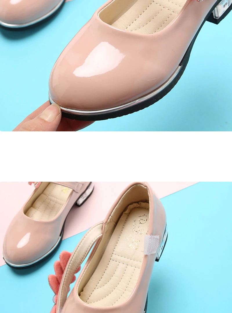 Girls Leather Shoes 2023 Spring Summer PU Patent Leather Kids Dress Shoes High Heels Butterfly-knot Dress Shoes for Wedding Chic