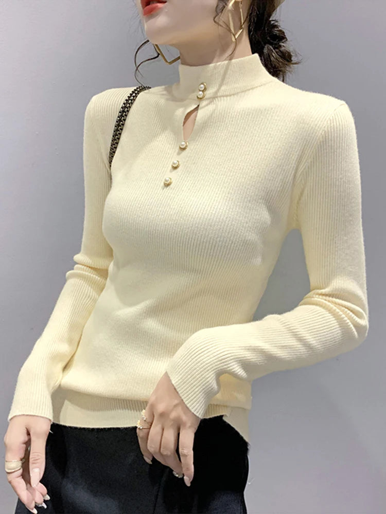 Autumn Winter Pullovers Women Hollow-out Sweaters Long Sleeve Half High Collar Sweater Female Slim Korean Knitwears Tops 2024