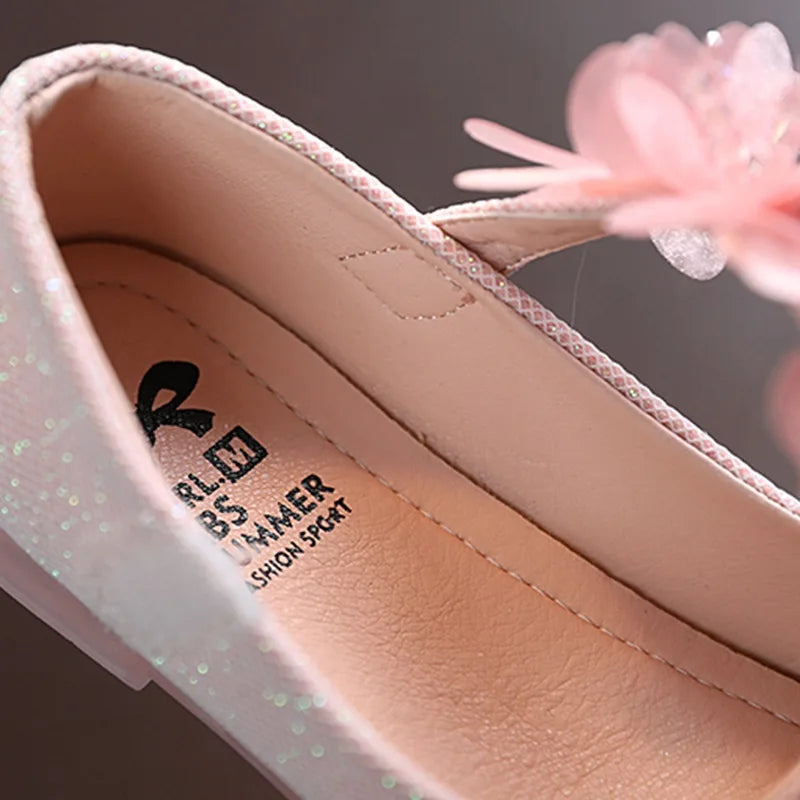 Child Beaded Little Flowers Leather Shoes Girls Princess Shoes Middle And Small Crystal Soft Bottom Dancing Shoes