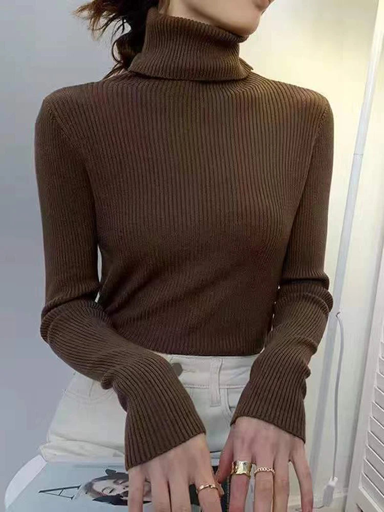 ZOKI New 2023 Women Pullover Turtleneck Sweater Autumn Long Sleeve Slim Elastic Korean Simple Basic Cheap Jumper Solid Color Top