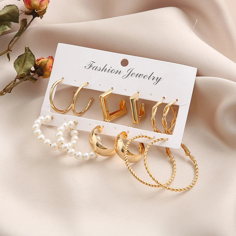 18Pcs Of Suit Women Earrings C Shaped Geometric Fake-pearl Fashion Metal Earrings Atmospheric Queuing Alloy Of Gold-color Trendy